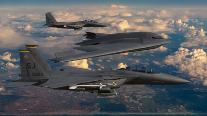 B-2 Spirit bomber escorted by an F-15