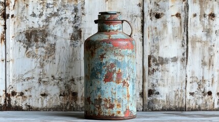 Rusted metal bottle on weathered wood