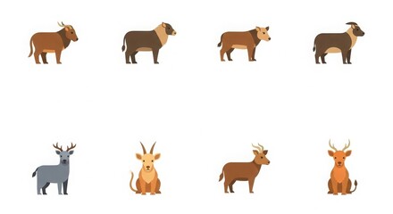 Fototapeta premium Collection of diverse farm animals and antelopes depicted in a stylized silhouette illustration