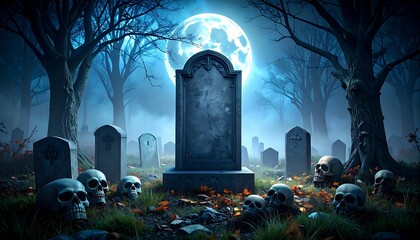 A moonlit graveyard scene with a large, blank headstone surrounded by smaller ones and skulls scattered on the ground