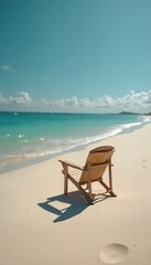 Simple wooden beach chair on serene sandy shore. Gentle ocean waves lap in background. Tranquil scene invites relaxation. Tropical vacation spot, summer leisure, coastal calm.