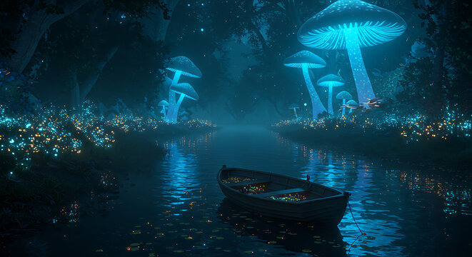Enchanted forest river with a lone boat and surreal bioluminescent giant mushrooms at night
