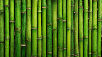 Obraz premium Tall bamboo stalks stand closely together, showcasing their vibrant green color. Sunlight filters through, highlighting the textures and shadows in this natural setting.