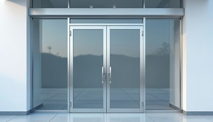 Modern double glass doors with sleek metal frames, handles provide clear entrance to commercial spaces like stores, malls, offices. Realistic illustration features closed glass gate on transparent