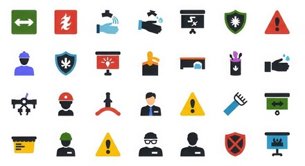 Collection of diverse flat icons representing various concepts including security safety and business elements silhouette