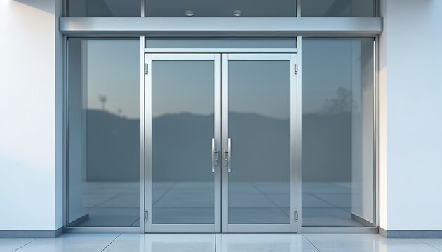 Modern double glass doors with sleek metal frames, handles provide clear entrance to commercial spaces like stores, malls, offices. Realistic illustration features closed glass gate on transparent