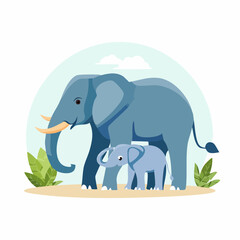 Naklejka premium Elephant and calf, flat vector illustration of gentle giants from savanna habitat. Cartoon design with trunk pose, ideal for children nature prints