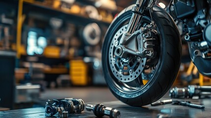 Motorcycle Wheel Close-Up in a Workshop