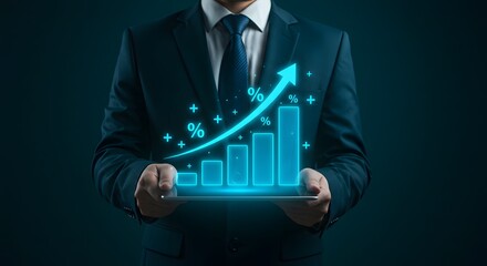 Business Growth and Profitability Concept: Businessman Holding Tablet with Rising Financial Chart