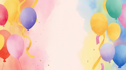 Vibrant watercolor balloons and streamers create a festive, joyful atmosphere perfect for celebrations