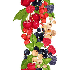 Seamless print of cherry, dewberry, raspberry, currant . Vector illustration for the design of menus, recipes, textile and food packages. Vertical.