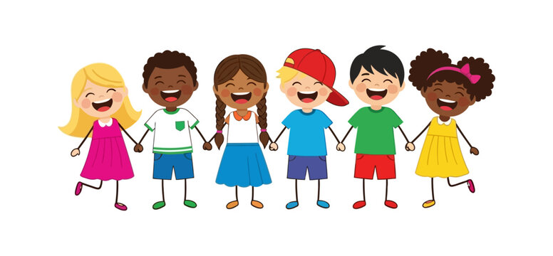 A cheerful group of diverse children holding hands and laughing together in friendship