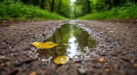 Fototapeta premium Golden Leaf Floats on Forest Path Puddle After Rain, Reflecting Lush Greenery