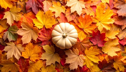 A small, pale pumpkin rests on a bed of vibrant autumn leaves
