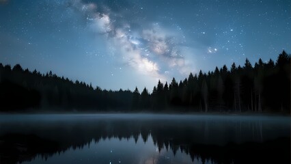 Starry Night Over Mountain Lake with Milky Way
