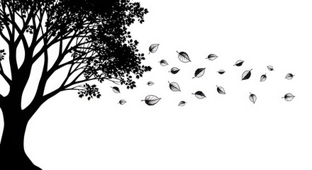 A stark black silhouette of a large tree with its leaves being blown away by the wind silhouette