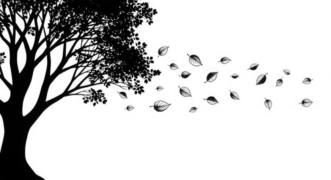 A stark black silhouette of a large tree with its leaves being blown away by the wind silhouette