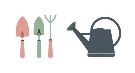 Obraz premium Gardening tools silhouette a trowel spade rake and watering can for planting and cultivating plants