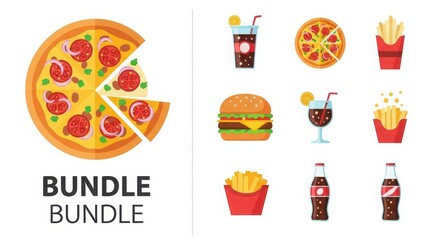 Delicious fast food bundle featuring a whole pizza slice and various iconic fast food items silhouette