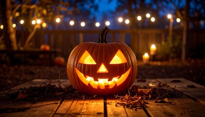 Fototapeta premium Halloween pumpkin on wooden table at night