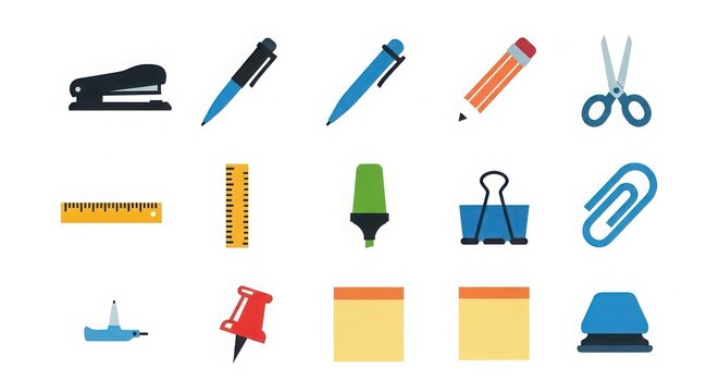Collection of essential office and school supplies depicted in a clean modern silhouette style for easy recognition and use