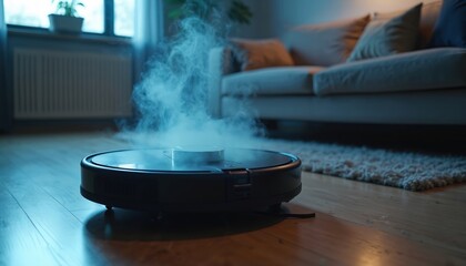 Robot vacuum cleaner emits thick smoke, signaling malfunction indoors on wooden floor. Appliance breakdown indoors, creating hazardous situation. Smart home device failure, unexpected emergency,