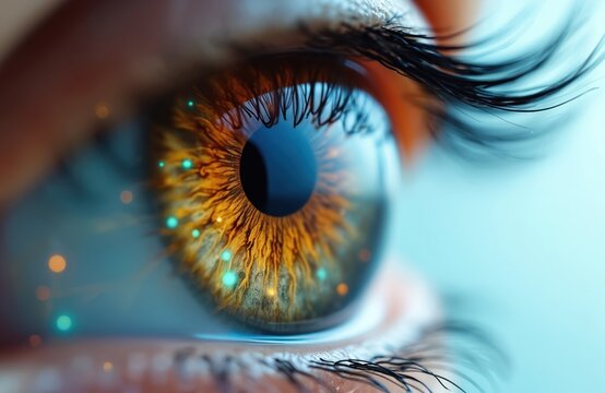 Close-up abstract of human eye with intricate iris patterns, glowing particles. Focus on advanced eye-tracking technology assisting patients with mobility limitations, enhancing communication,