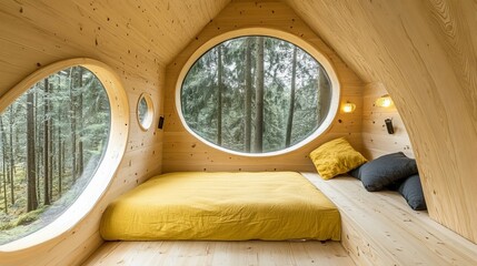 Cozy, wooden interior with oval windows framing a forest view, a bed, and pillows
