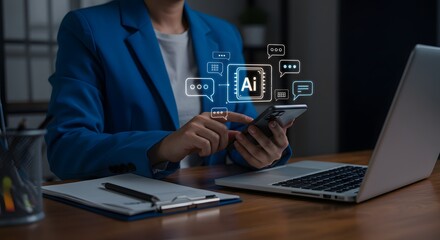 Businesswoman Using AI Chatbot on Smartphone, Digital Transformation Concept