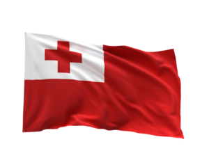 Tonga Flag Waving: A vibrant Tonga flag, characterized by its distinctive red field and a white canton bearing a red cross, gently sways in the wind, symbolizing national pride and unity.