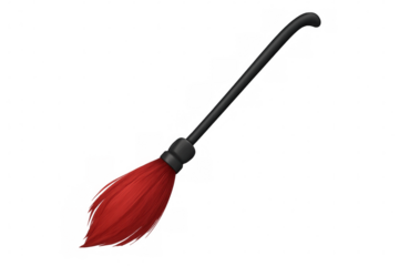 Witch broom with red bristles flying on transparent background