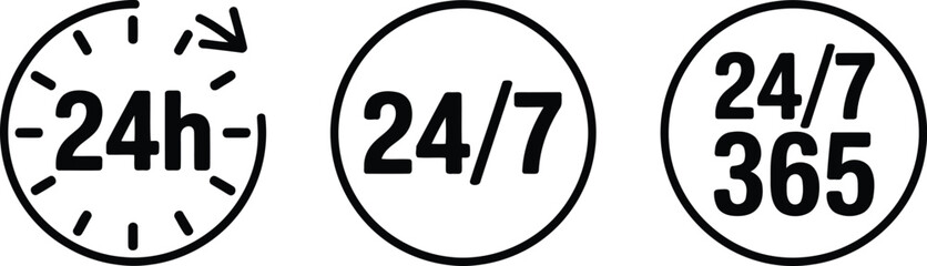 Three Isolated Black Round Symbols with 24/7 and 24/7 365 on Transparent Background