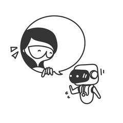 cute girl holding on robot bubble speech illustration in doodle cartoon