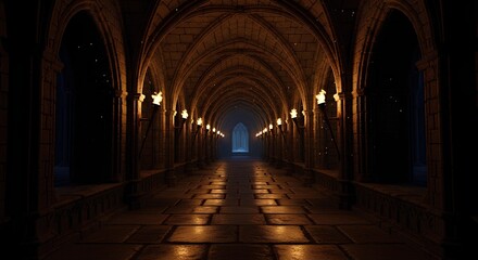 Obraz premium Dramatic medieval castle hallway featuring chiaroscuro lighting and archways