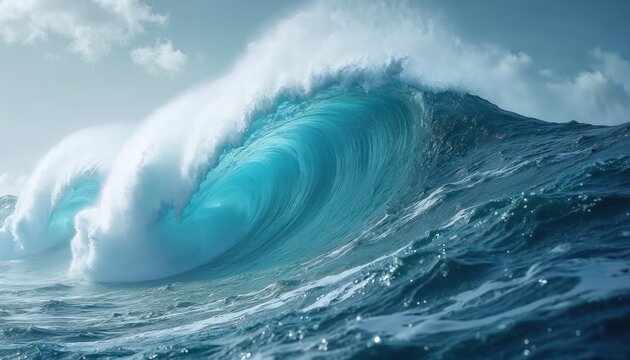 Majestic ocean waves frozen in time, sculpted like glass, showcase nature raw power. Turquoise water curls into barrels under a dramatic sky, hinting at immense force and a stormy environment.