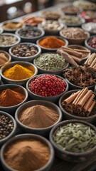 Colorful Array of Spices in Small Bowls