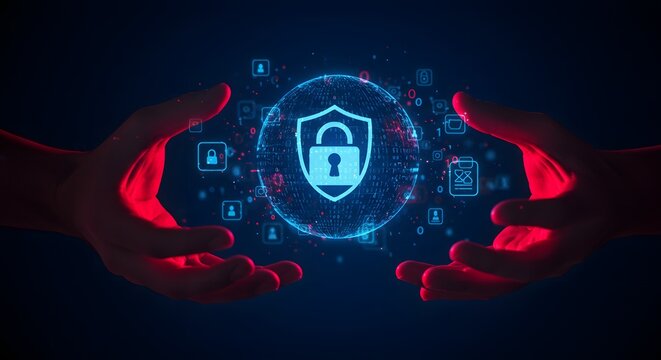 Digital Security and Data Protection Concept: Hands Shielding a Glowing Padlock - Powered by Adobe