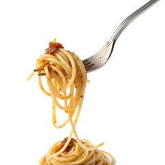 A fork with twirled spaghetti and tomato sauce isolated on a transparent background png