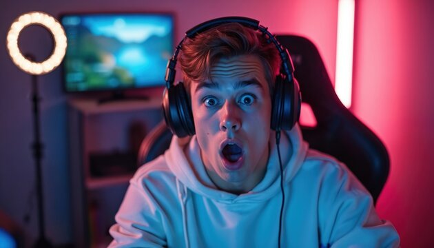 Surprised young man gamer with headphones streaming online in neon lit room. Expressive face shows excitement, shock during video game. Teenager reacts to gameplay on computer with webcam, microphone