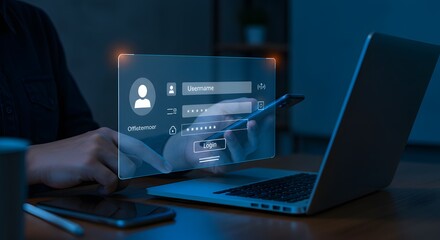 Online Account Login: User entering username and password on a smartphone, laptop in background