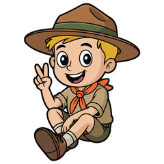 Fototapeta premium Cartoon boy scout sitting with a hat and scarf making a peace sign with his hand and smiling cheerfully