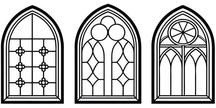 Three gothic arch windows with detailed stained glass patterns in black and white