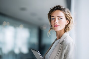 Confident young businesswomen in modern office environment holding tablet and looking thoughtful in professional attire