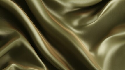 Fototapeta premium A smooth, luxurious satin fabric in a muted green color is elegantly draped, emphasizing its soft texture. Gentle ripples create a visually appealing flow, reflecting light subtly.