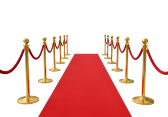 A red carpet with golden stanchions and velvet ropes on each side isolated on white or transparent background. PNG