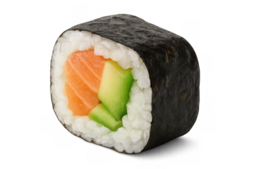 Hosomaki sushi roll with salmon and avocado showing filling on transparent background