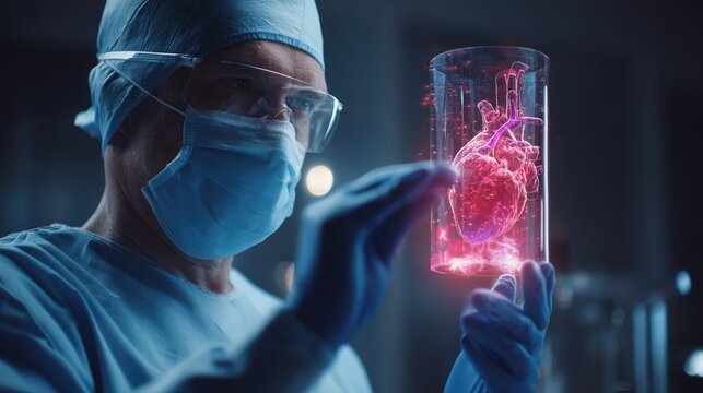 Surgeon preparing bio printed tissue while floating hologram shows layering