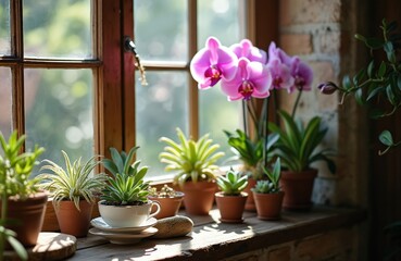 Collection of potted succulents, vibrant pink orchids displayed on rustic wooden windowsill. Various small green plants create lively indoor garden arrangement. Natural light enhances foliage, floral