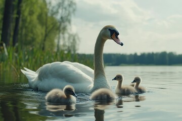 Mother swan gracefully swims with her fluffy chicks in tranquil waters during a sunny afternoon, White mother swan swimming with little chicks in the wild Mute swan Cygnus olor Slow motion