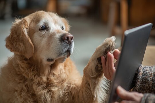 Vester video consult for anxious golden retriever, owner holding pet's paw up to tablet camera 